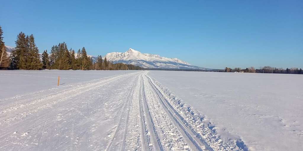 Cross-country skiing trail with a view of Mt Kriváň